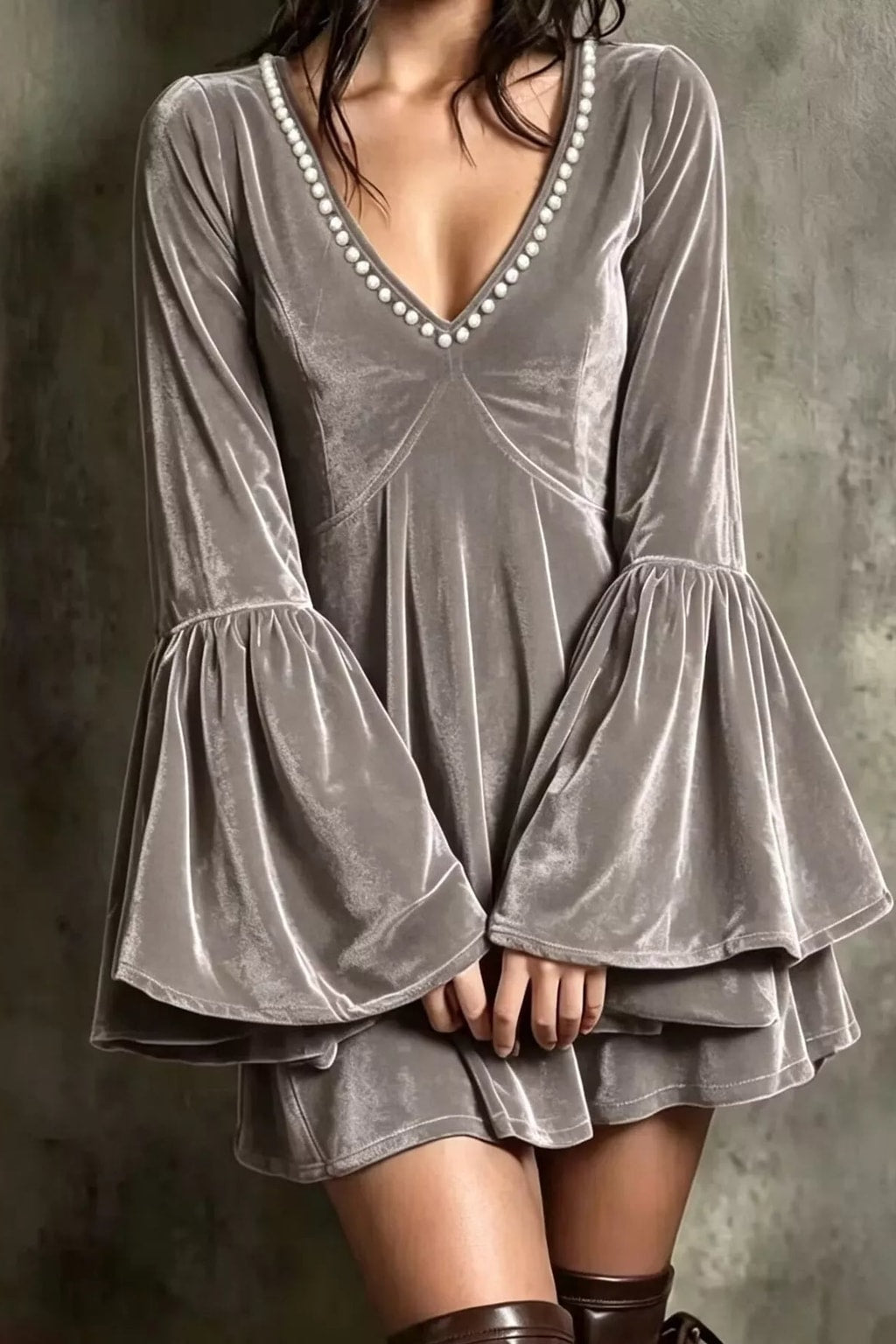Polyester Mini Dress With Pearl-Embellished V-Neck - 5
