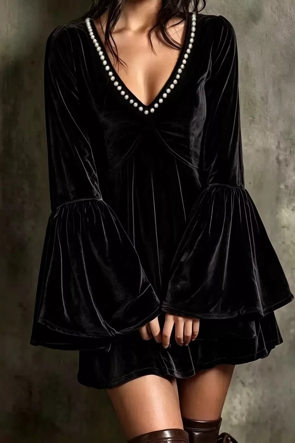 Polyester Mini Dress With Pearl-Embellished V-Neck - 6