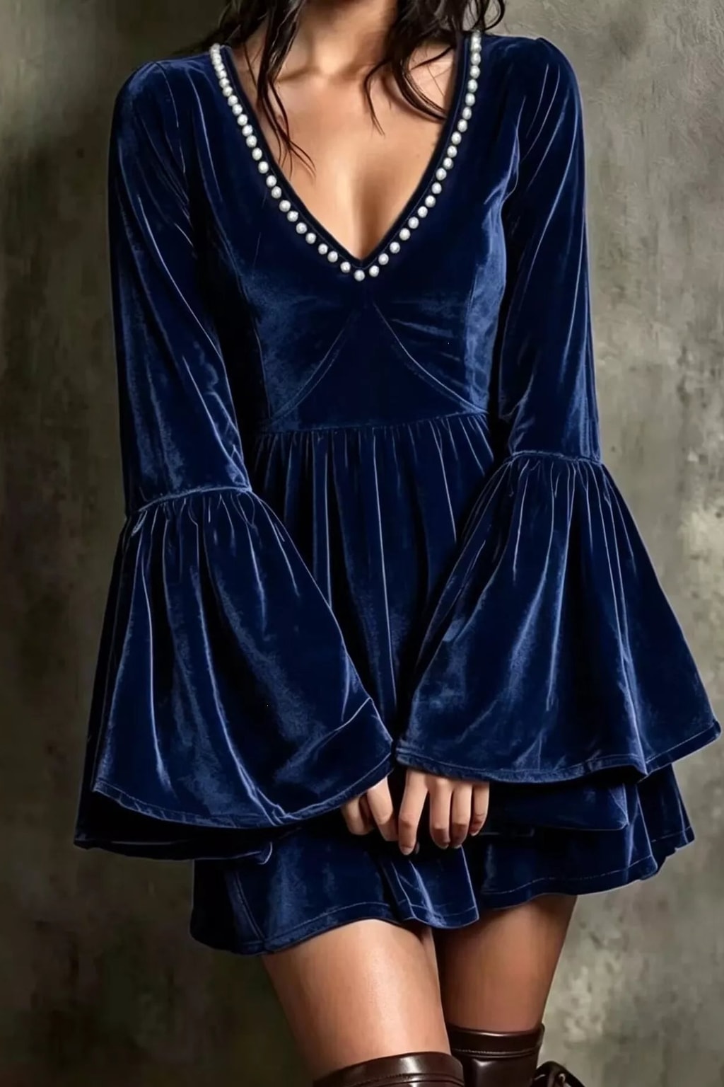 Polyester Mini Dress With Pearl-Embellished V-Neck - 7
