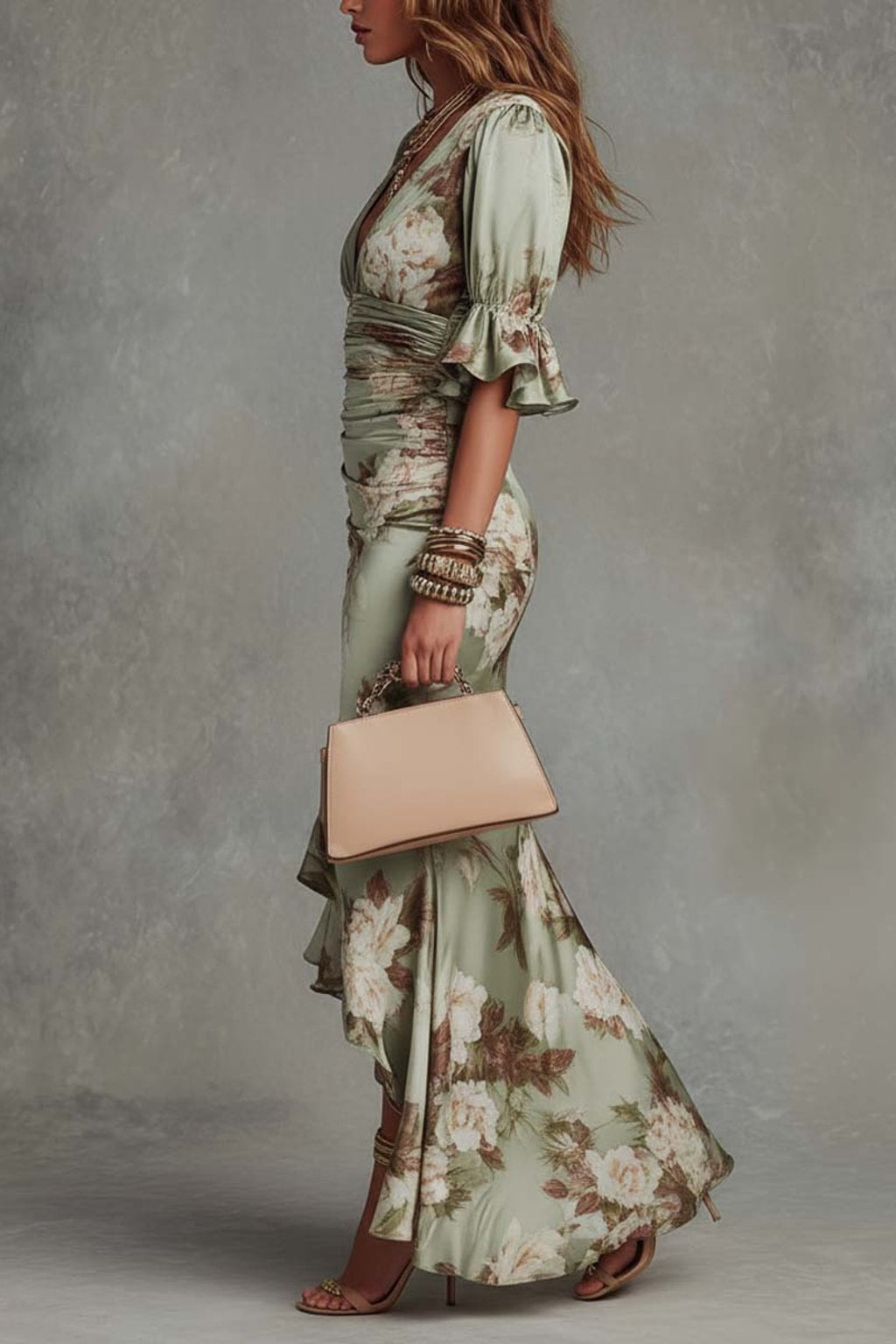 Satin Floral Maxi Dress With Fishtail Hem - 3
