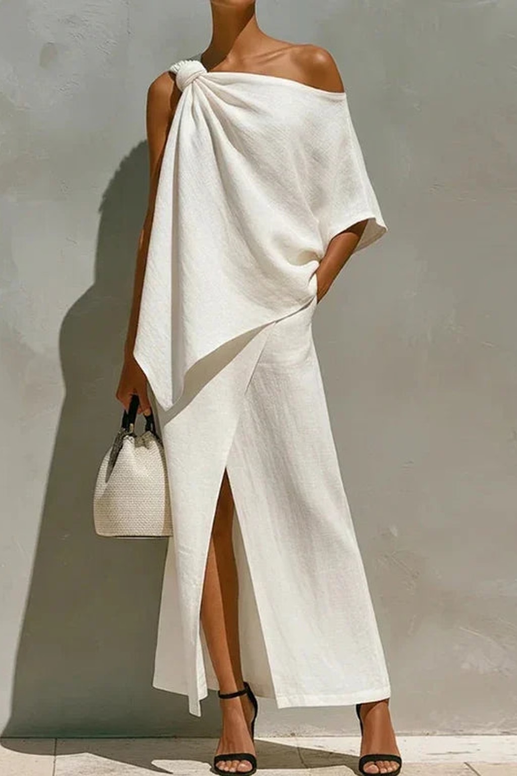 Woven Two-Piece Evening Set With One-Shoulder Drape - 3