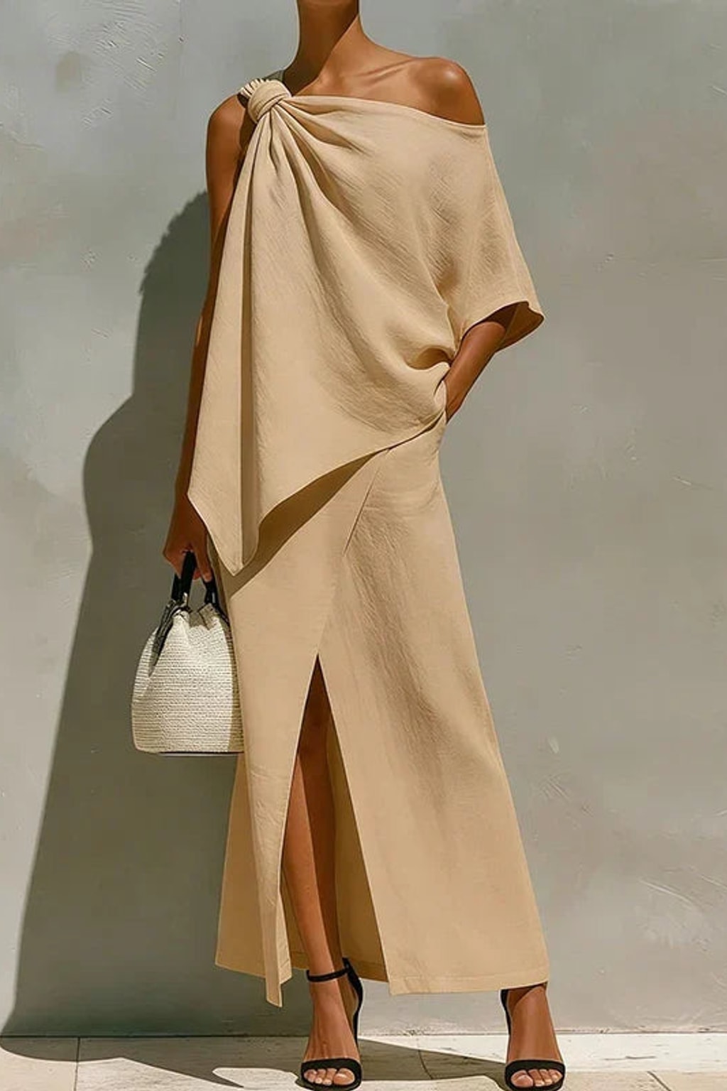 Woven Two-Piece Evening Set With One-Shoulder Drape - 4