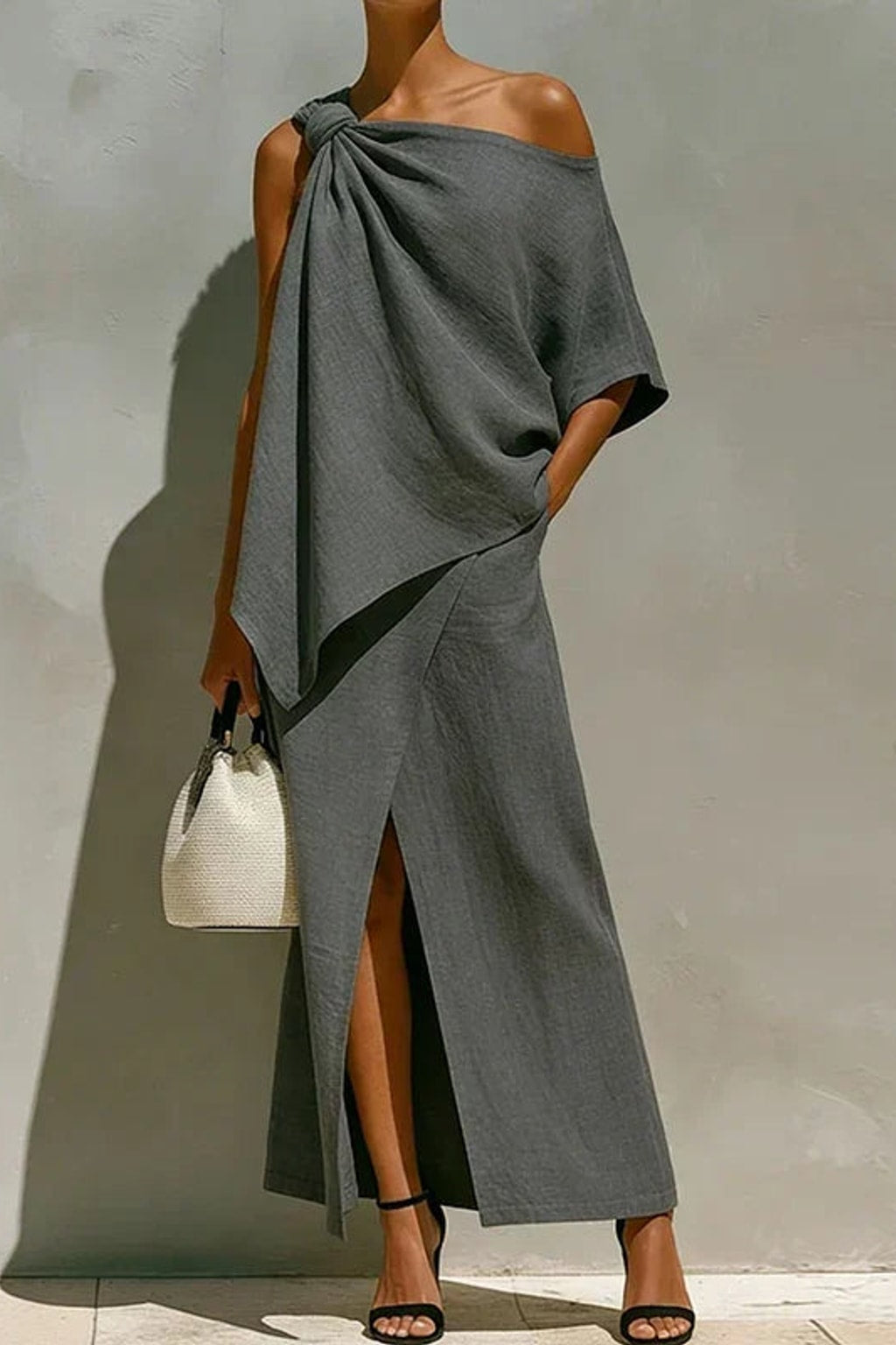 Woven Two-Piece Evening Set With One-Shoulder Drape - 5