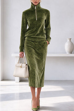 Polyester Two-Piece Dress Set With High Neckline - 1