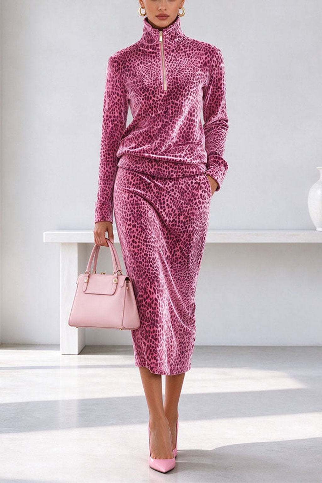 Polyester Two-Piece Dress Set With High Neckline - 5