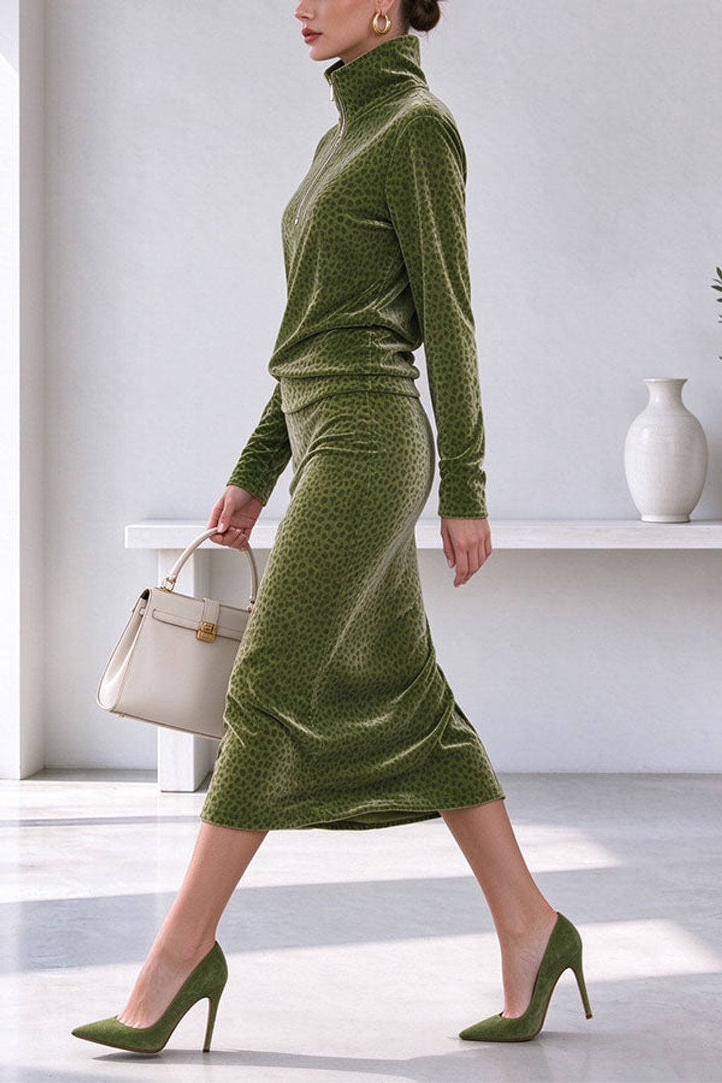 Polyester Two-Piece Dress Set With High Neckline - 2