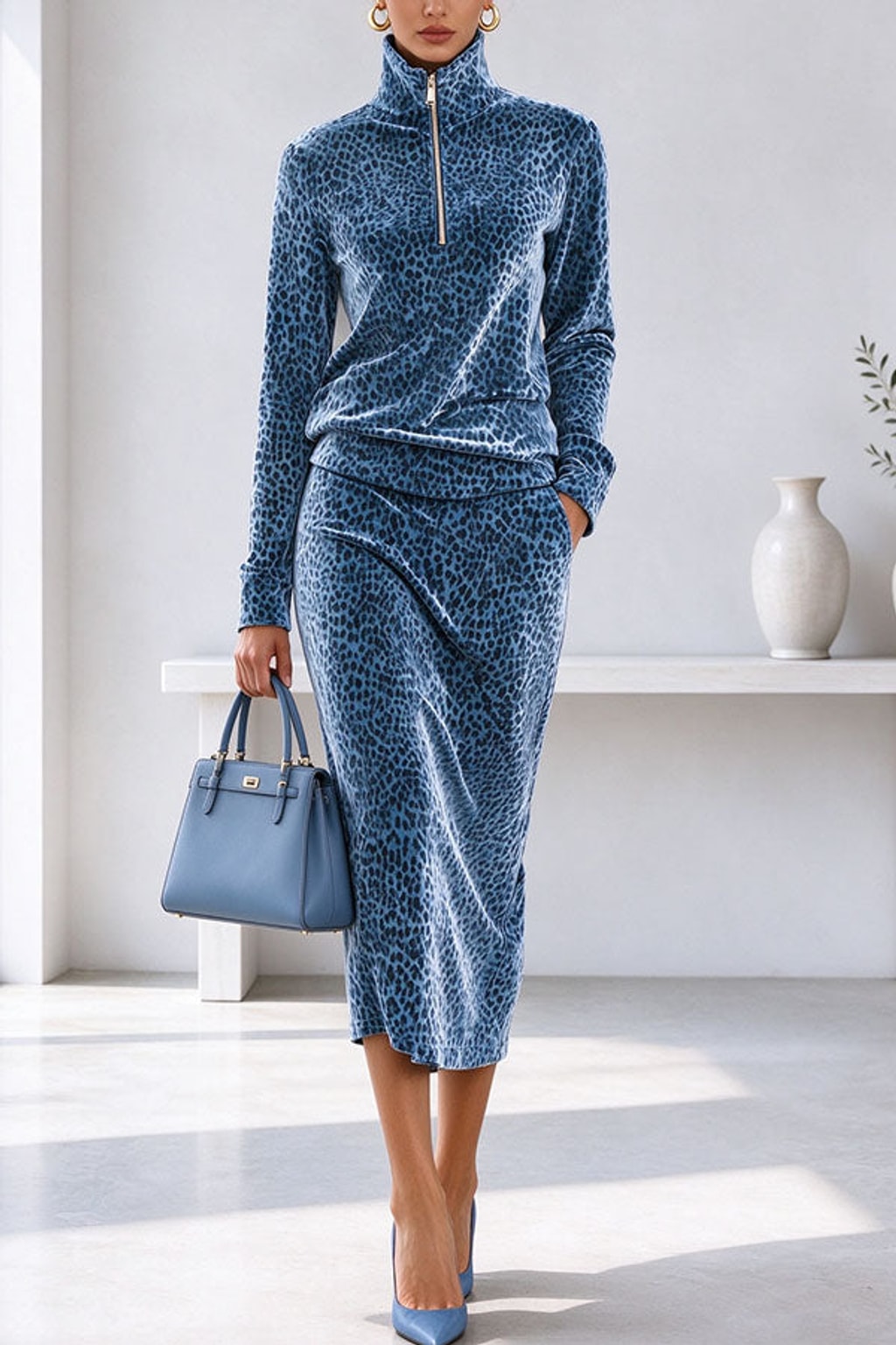 Polyester Two-Piece Dress Set With High Neckline - 4