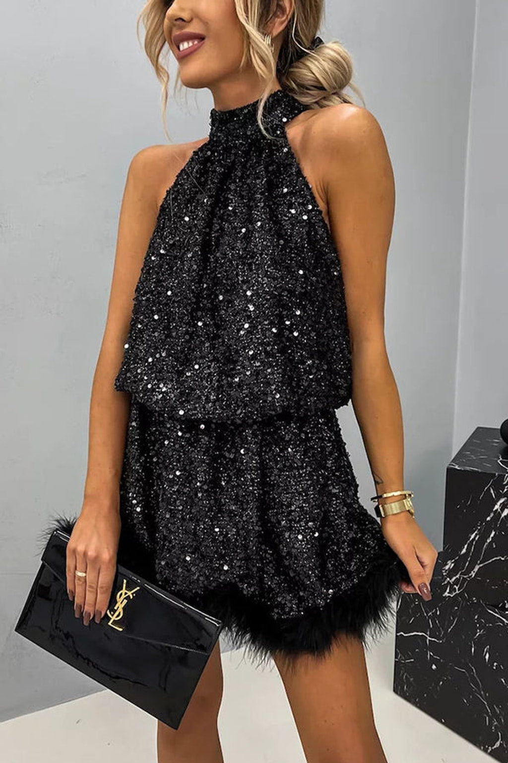 Sequin Mini Dress With Halter Feather Trim - 5