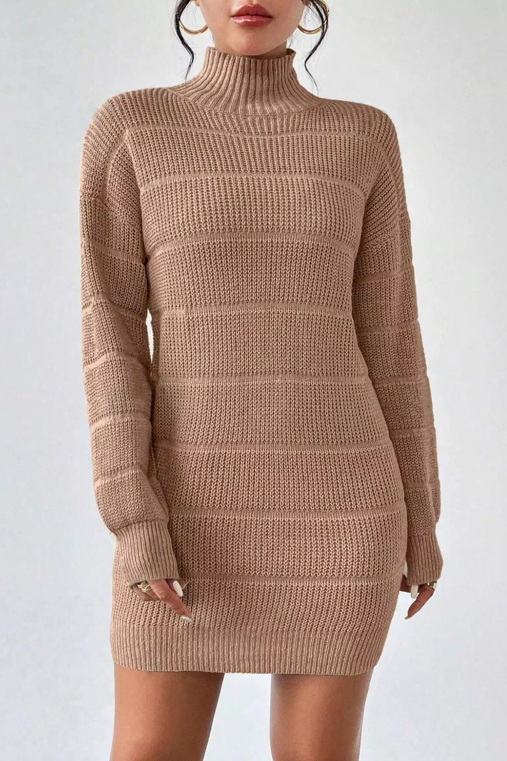 Polyester Sweater Dress With Ribbed Turtleneck - 5