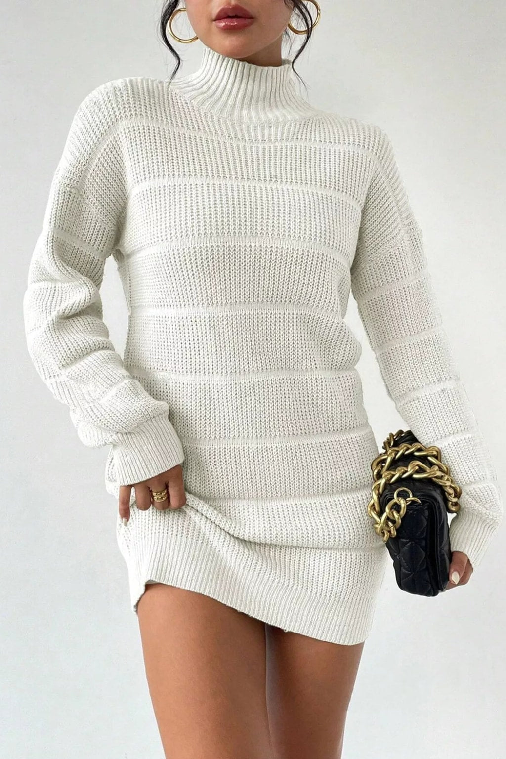 Polyester Sweater Dress With Ribbed Turtleneck - 8