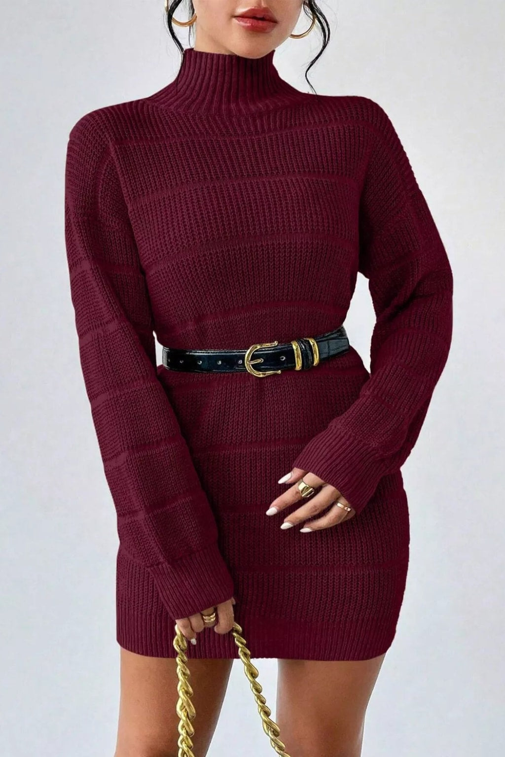 Polyester Sweater Dress With Ribbed Turtleneck - 9