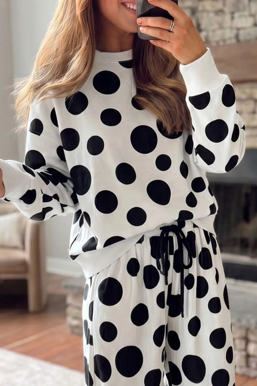 Polyester Two-Piece Set With Polka Dot Wide Leg - 3