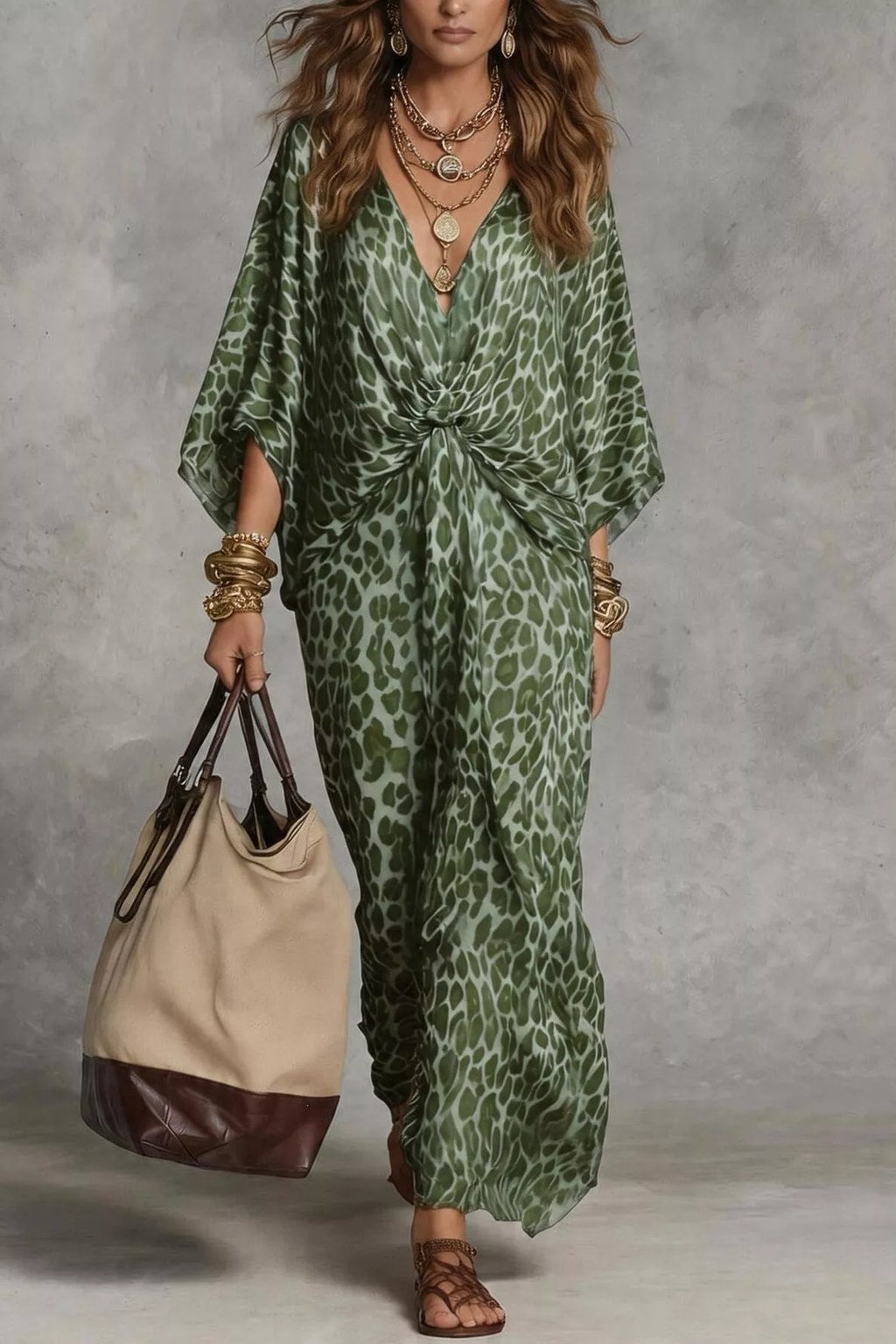 Polyester Maxi Dress With V-Neck - 6