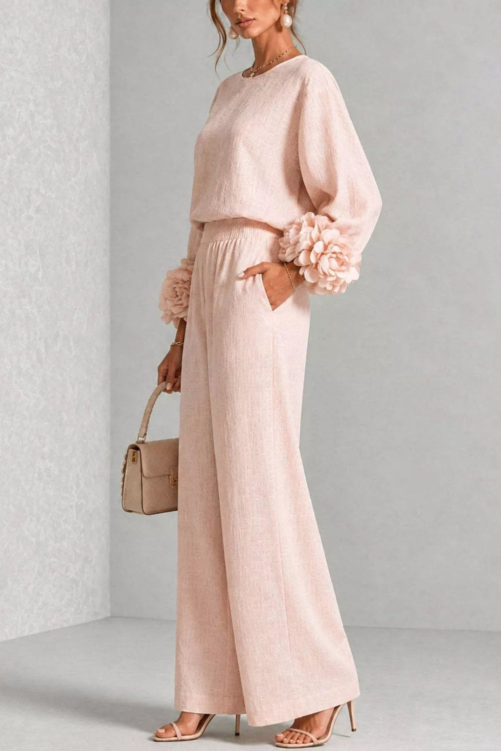 Polyester Two-Piece Set With Wide Leg Pants - 3