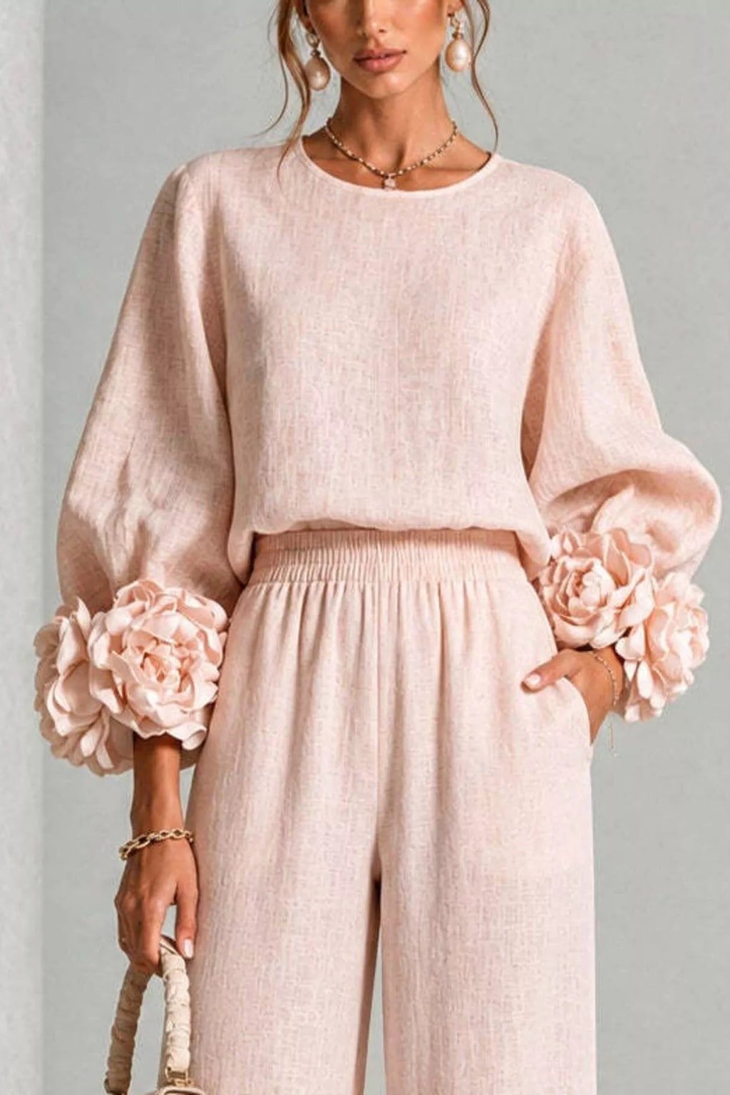 Polyester Two-Piece Set With Wide Leg Pants - 4