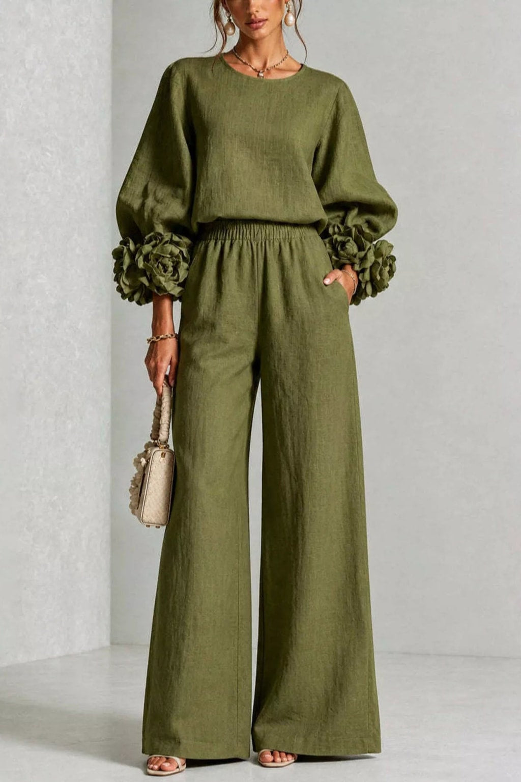 Polyester Two-Piece Set With Wide Leg Pants - 7