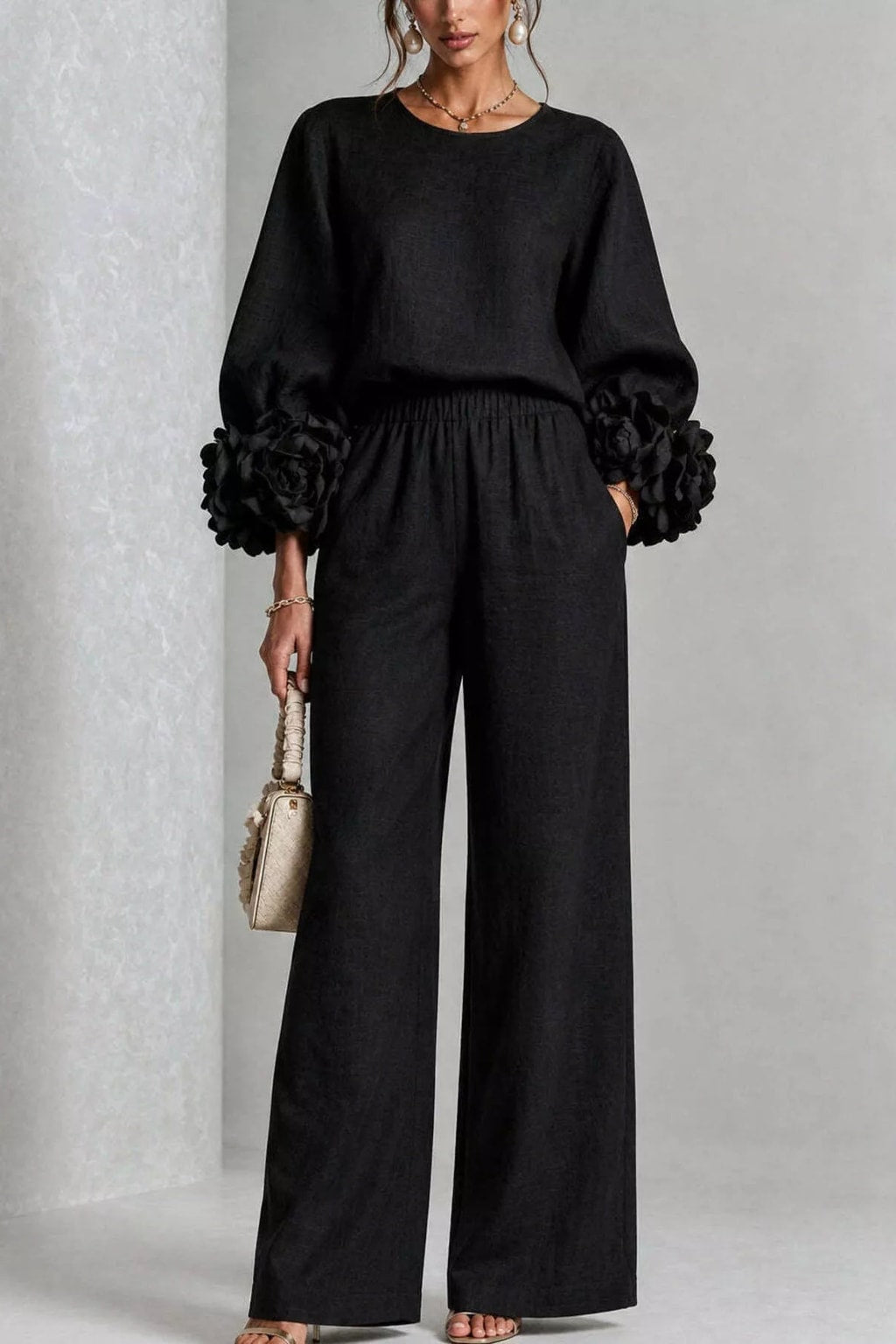 Polyester Two-Piece Set With Wide Leg Pants - 8