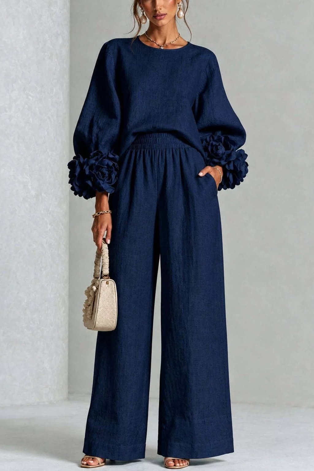 Polyester Two-Piece Set With Wide Leg Pants - 9