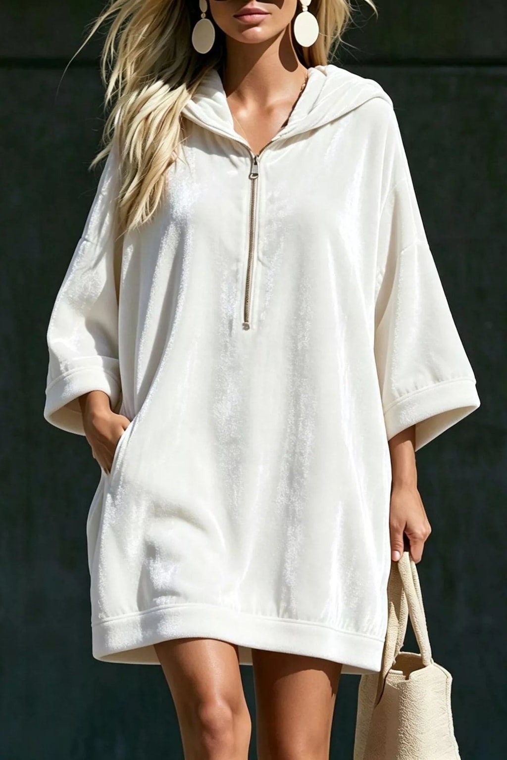 Polyester Hoodie Dress With Half-Zip - 1