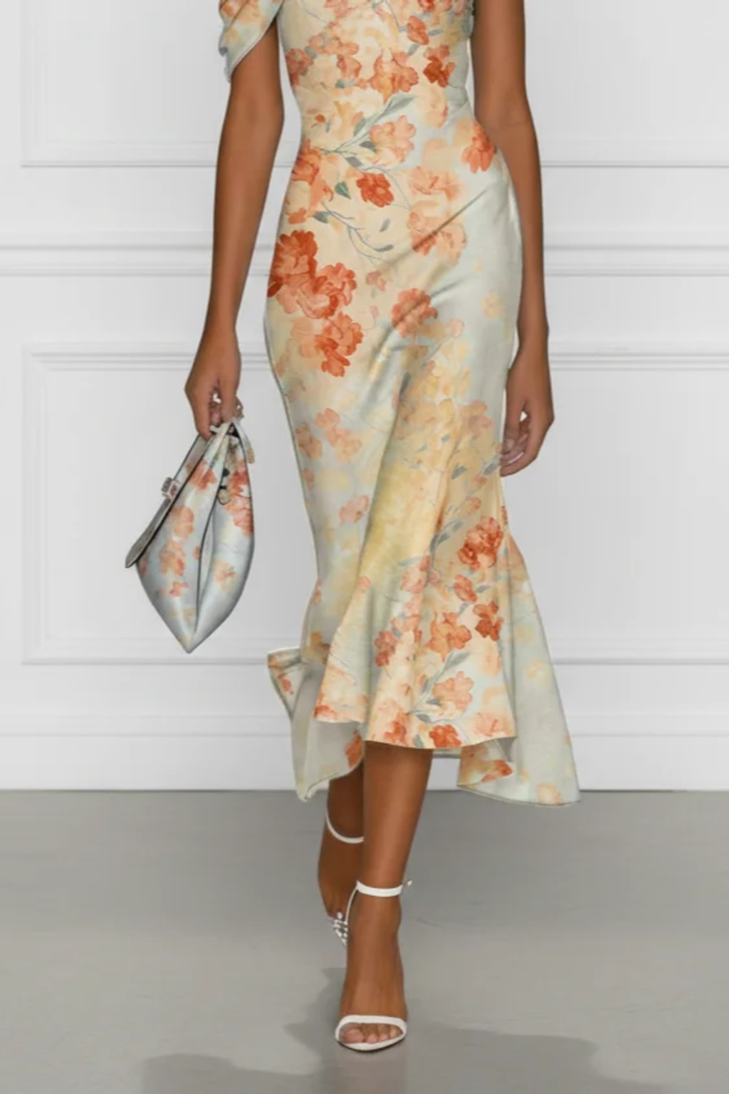 Polyester Midi Dress With Floral Mermaid Cut - 4