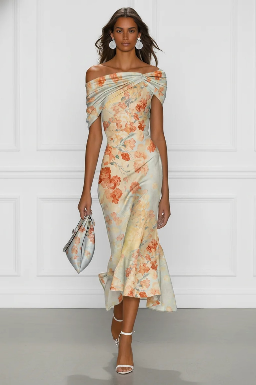 Polyester Midi Dress With Floral Mermaid Cut - 6