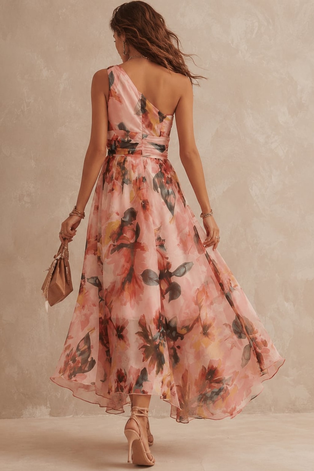 Chiffon Dress With One-Shoulder Neckline - 2