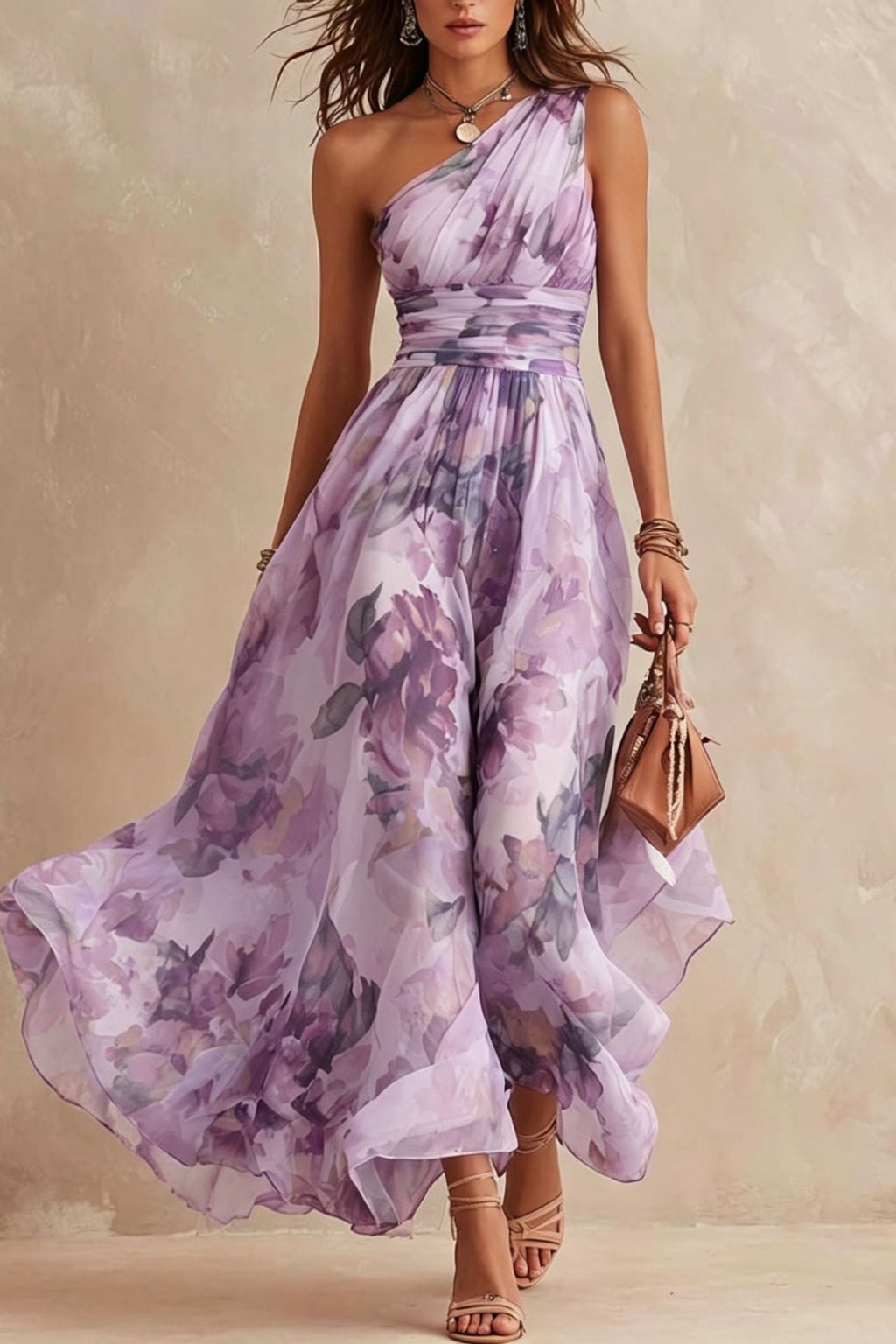Chiffon Dress With One-Shoulder Neckline - 5