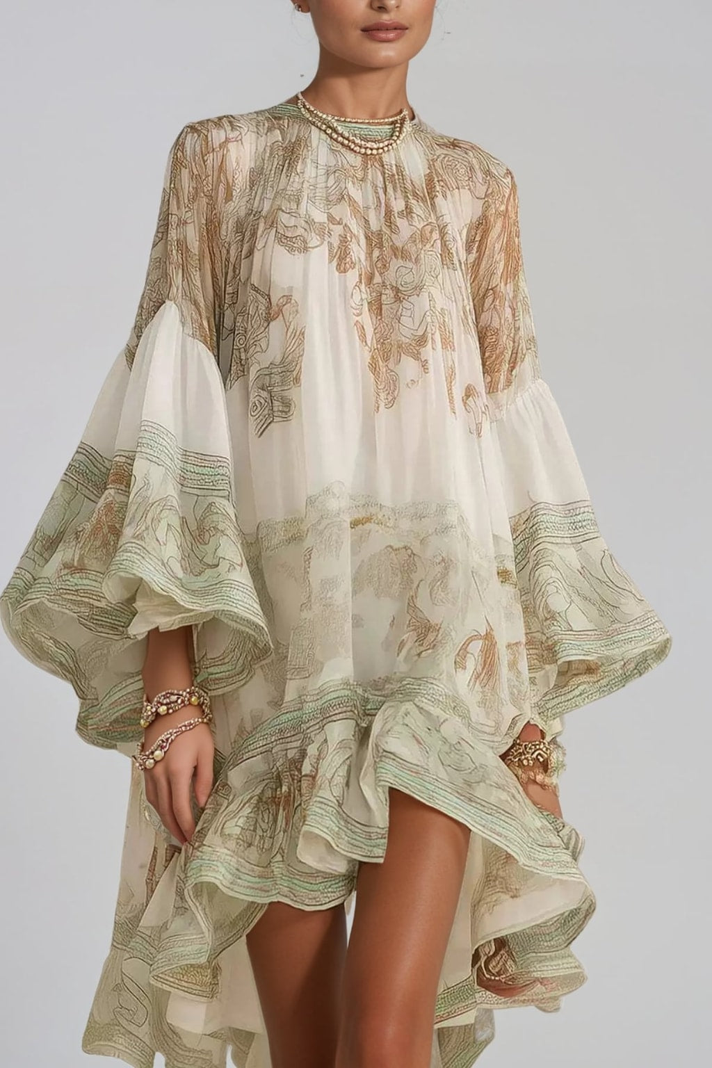 Polyester Mini Dress With Bell Sleeves - 3