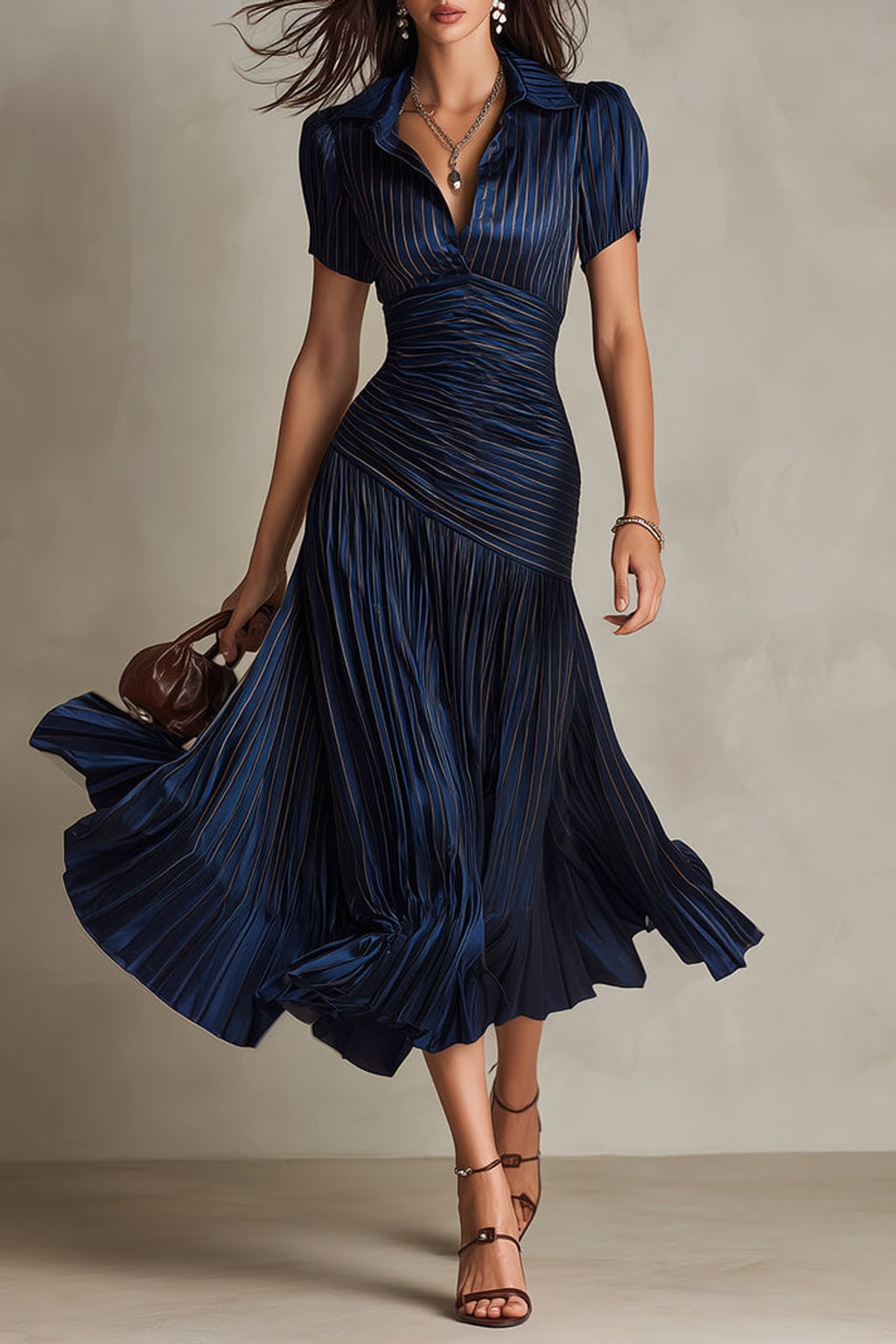 Lightweight Fabric Blend Midi Dress Pleated Striped - 2