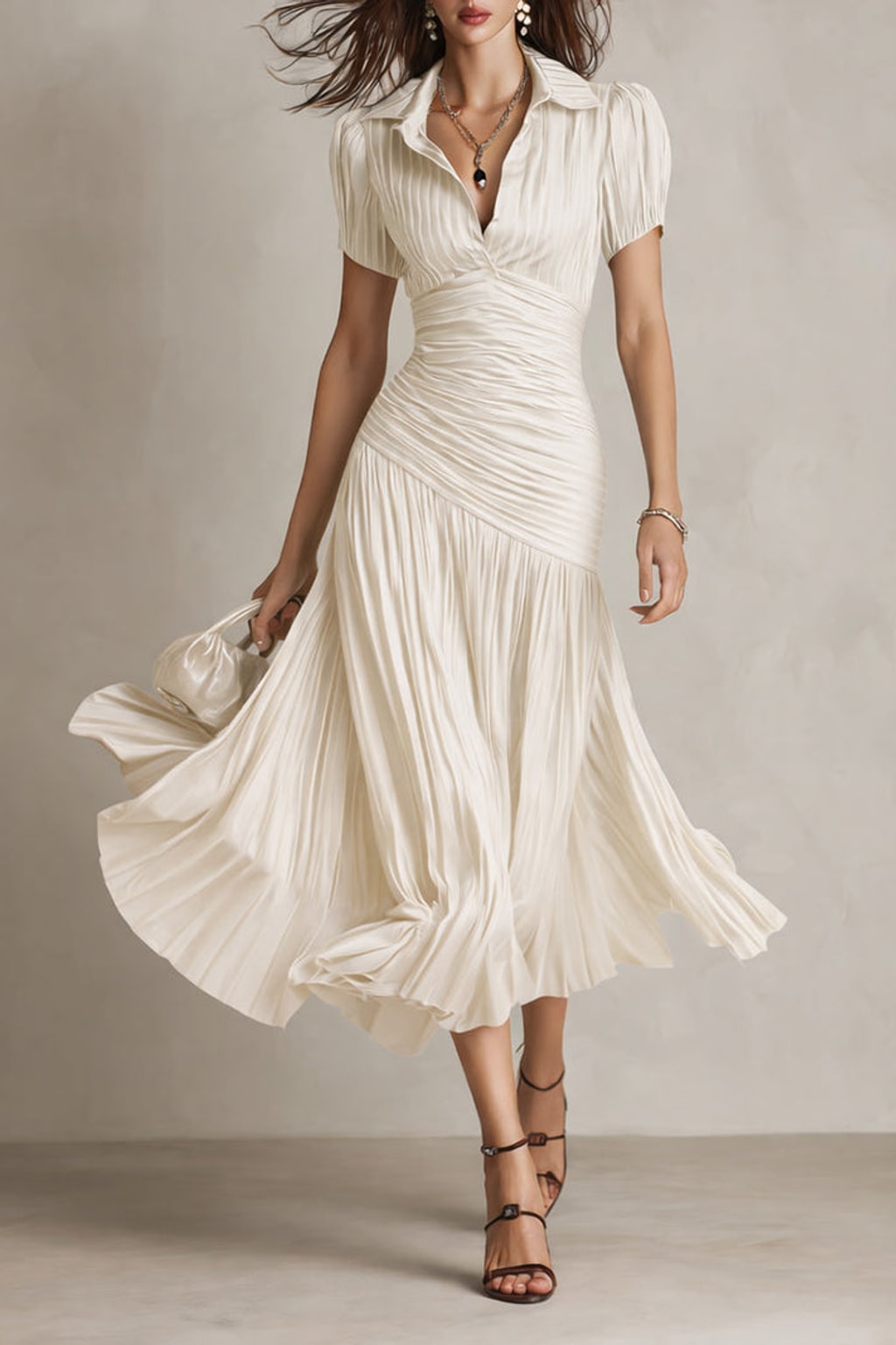 Lightweight Fabric Blend Midi Dress Pleated Striped - 5