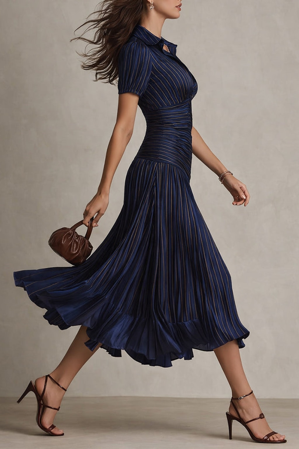 Lightweight Fabric Blend Midi Dress Pleated Striped - 3