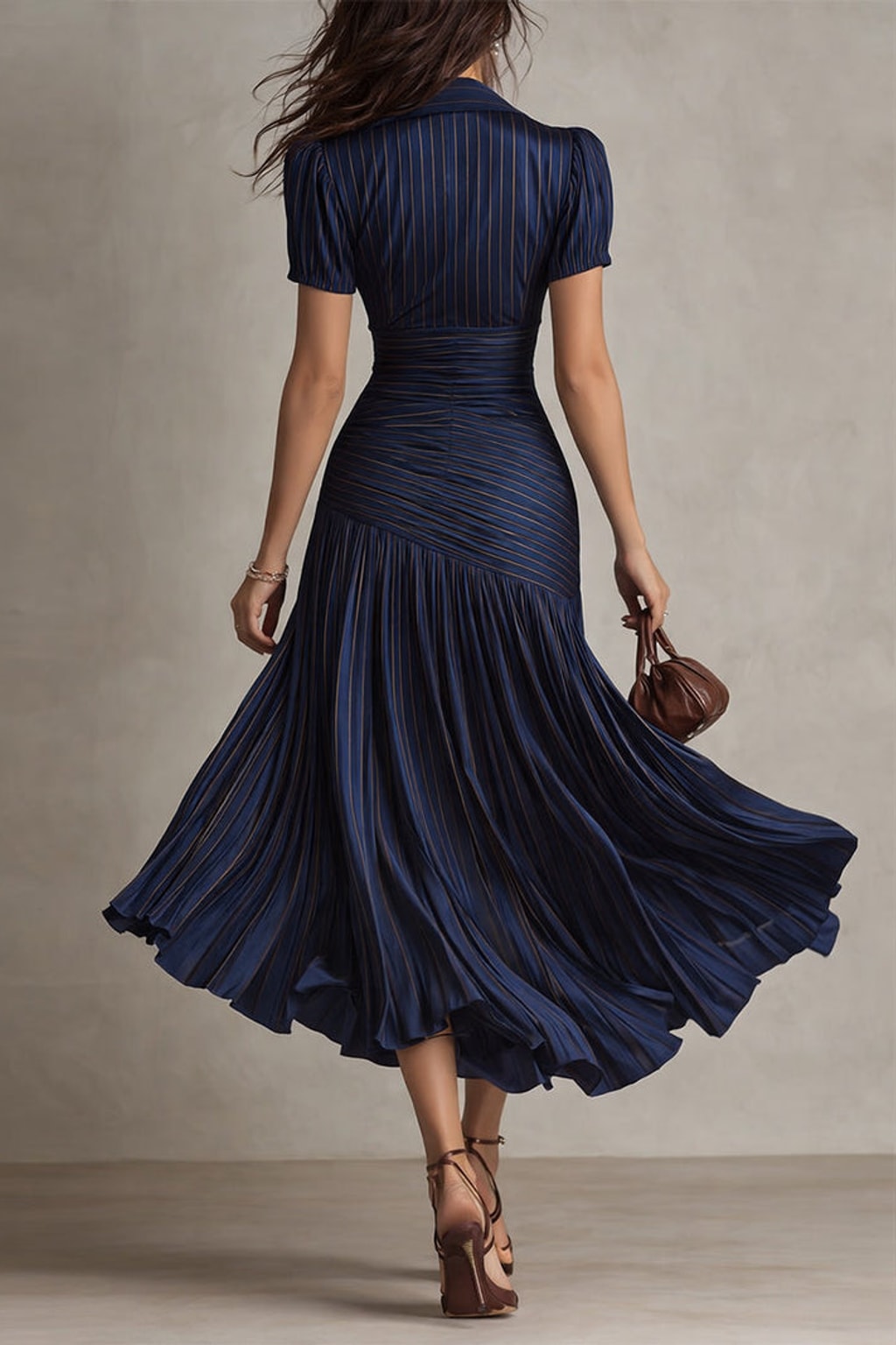 Lightweight Fabric Blend Midi Dress Pleated Striped - 4