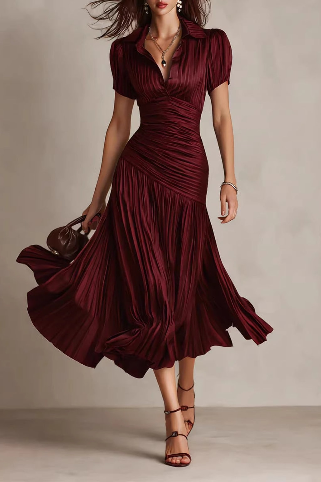 Lightweight Fabric Blend Midi Dress Pleated Striped - 7