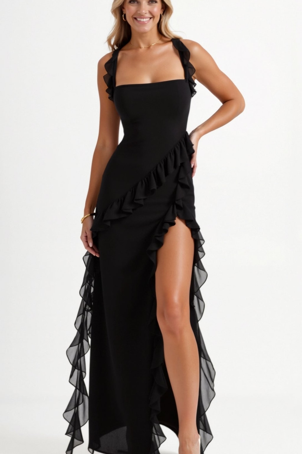 Maxi Dress With Ruffle Trim And Front Slit - 1