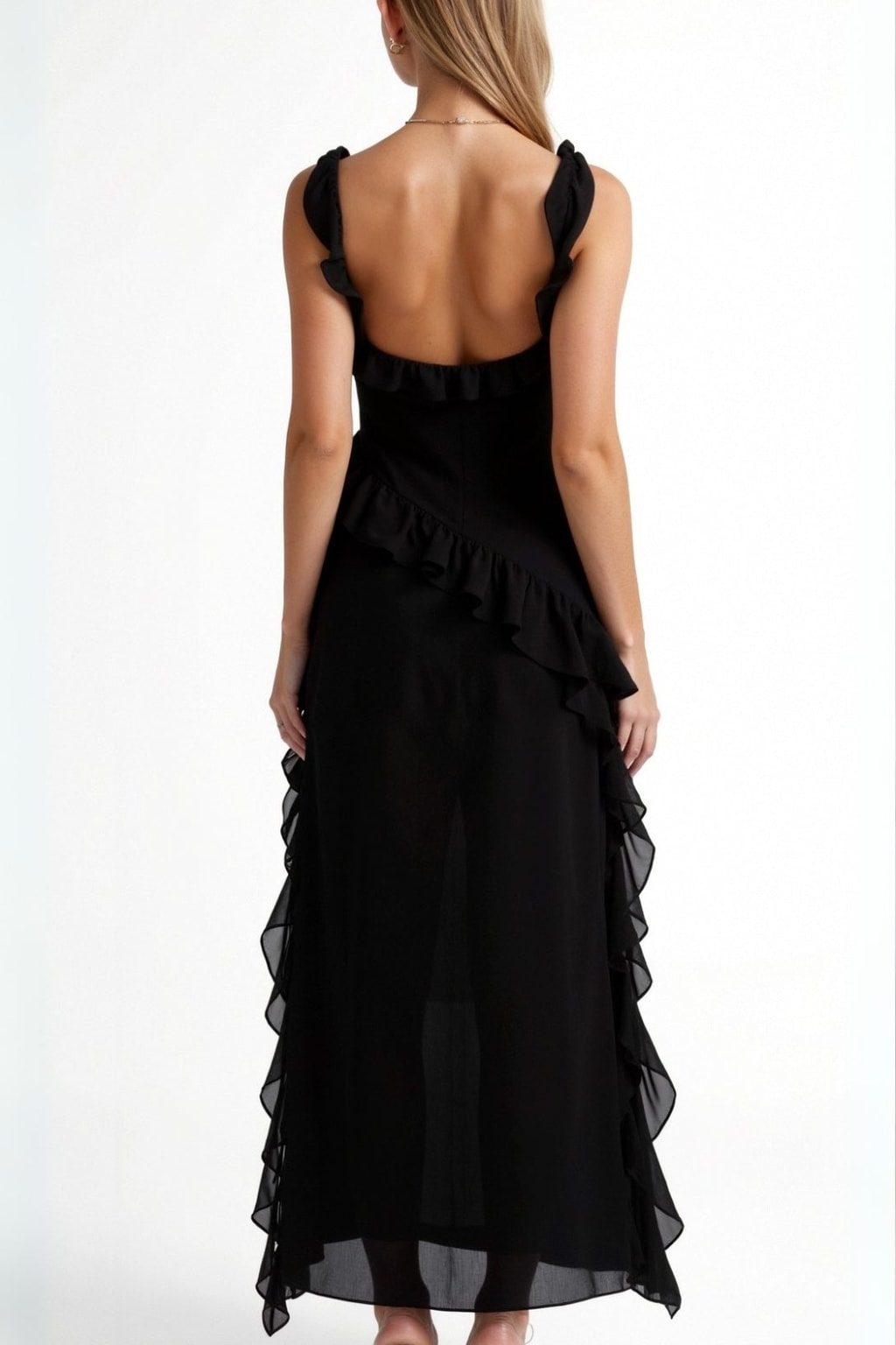 Maxi Dress With Ruffle Trim And Front Slit - 2