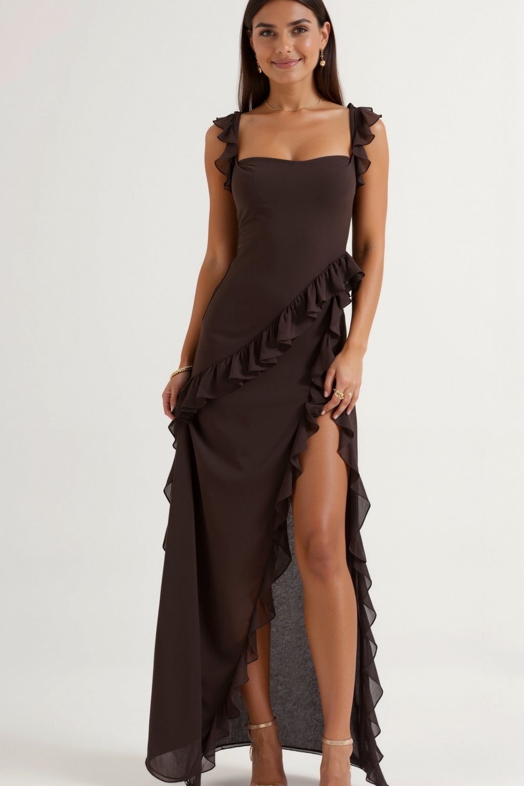 Maxi Dress With Ruffle Trim And Front Slit - 3