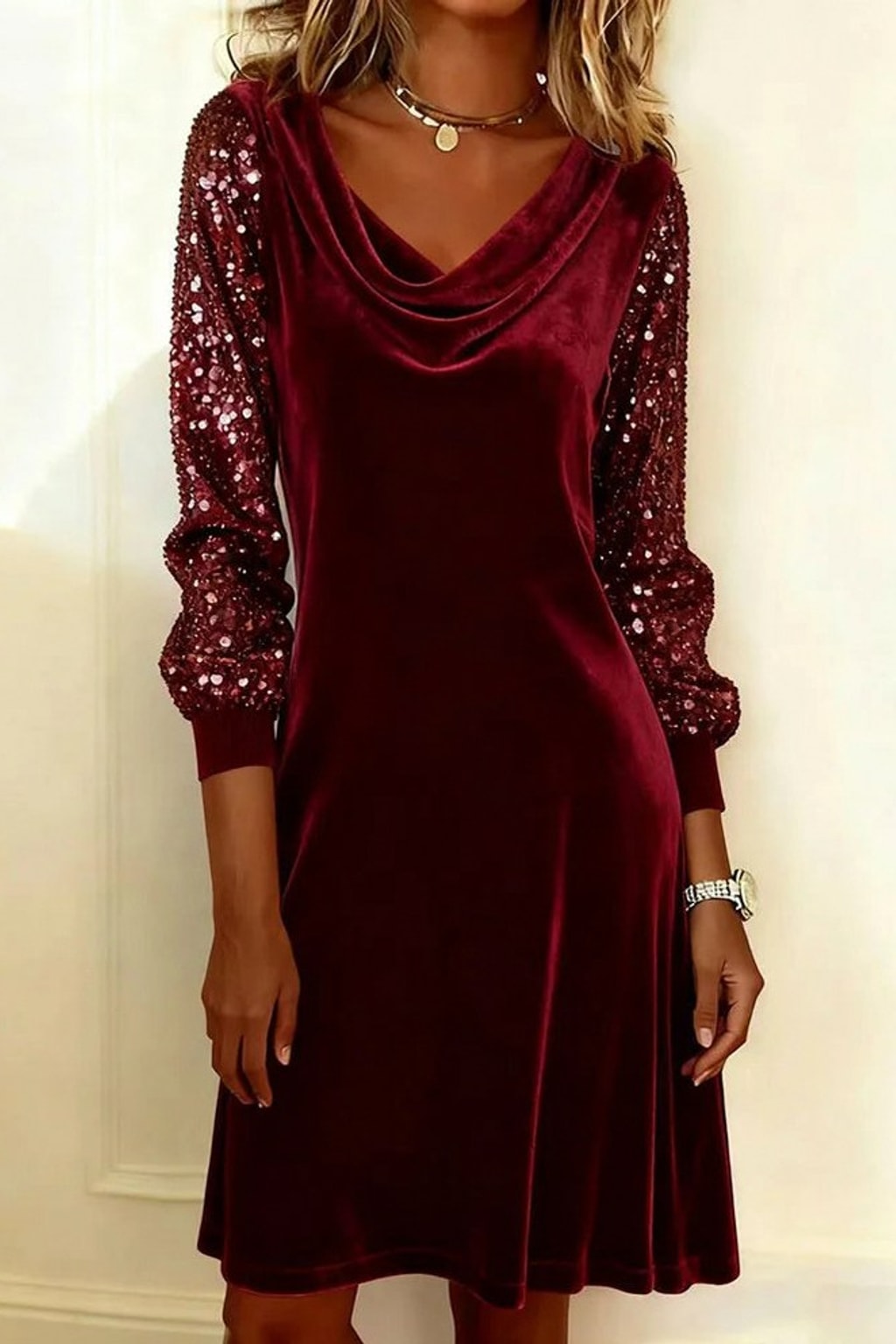 Velvet Mini Dress With Cowl Neck - 2