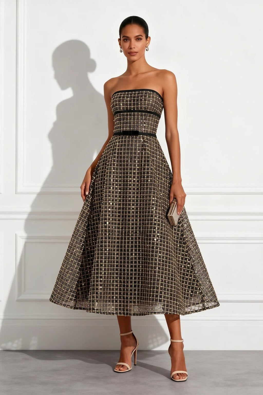 Plaid Midi Dress With Sequin Bow - 8