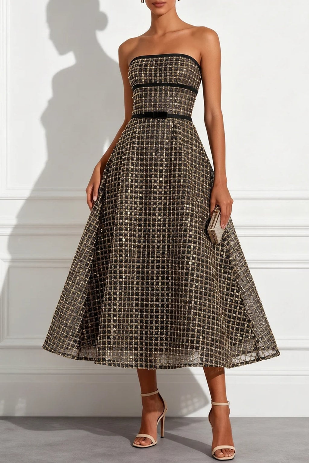 Plaid Midi Dress With Sequin Bow - 9