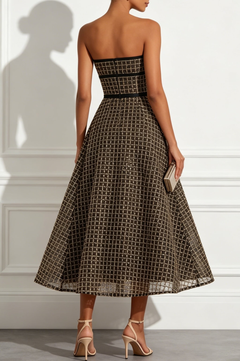 Plaid Midi Dress With Sequin Bow - 10