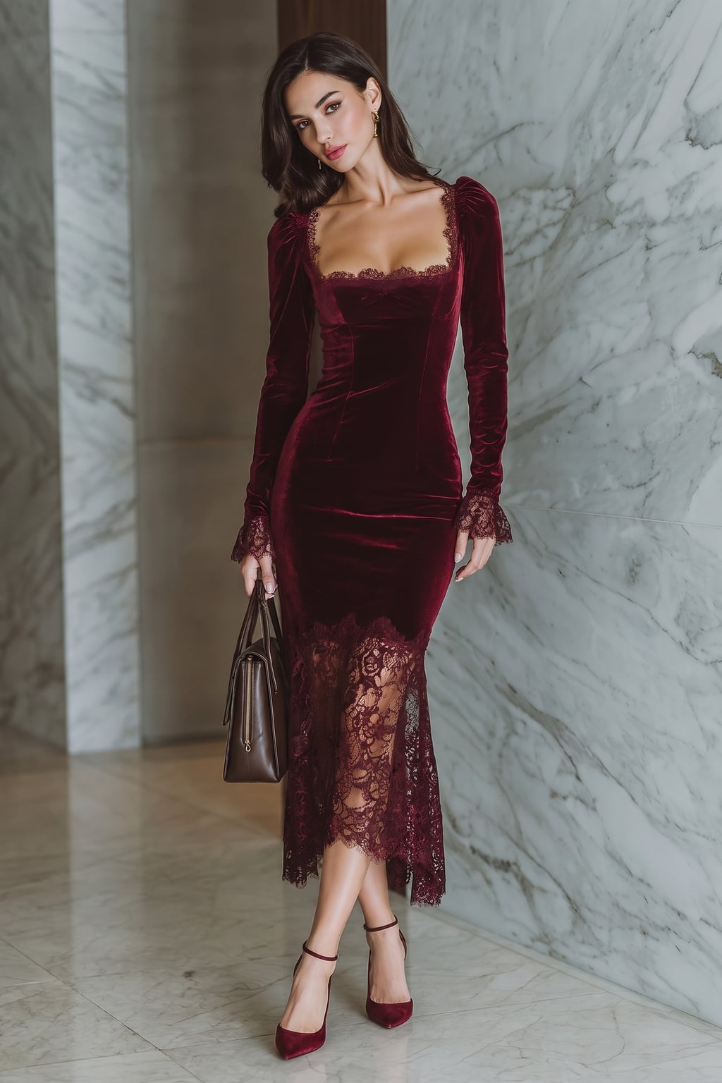 Velvet Maxi Dress With Lace Detail - 1