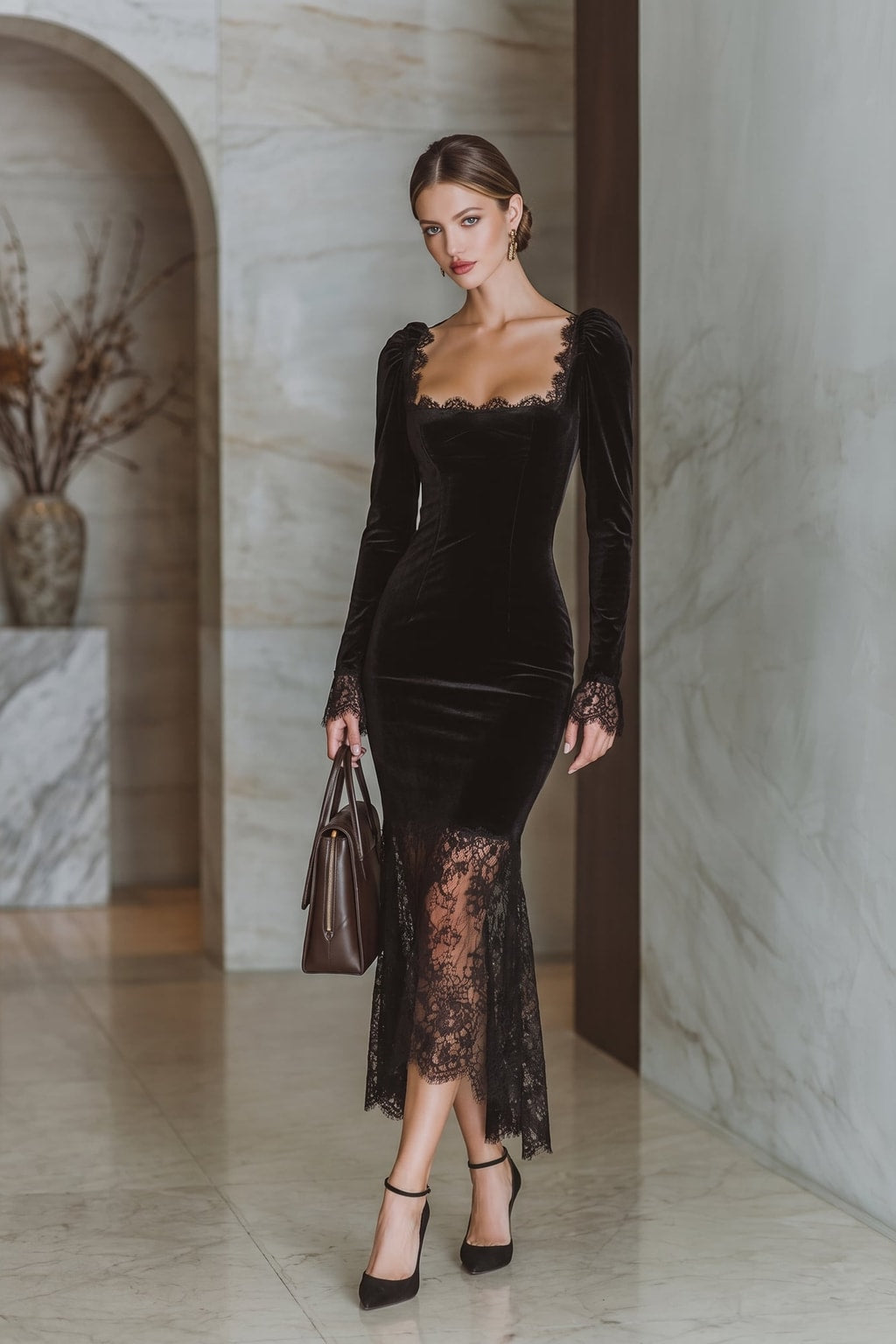 Velvet Maxi Dress With Lace Detail - 3