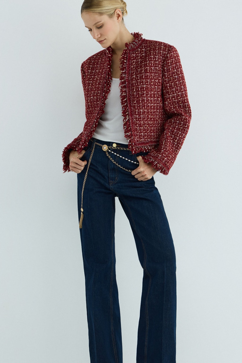 Tweed Cropped Jacket With Decorative Trim - 1