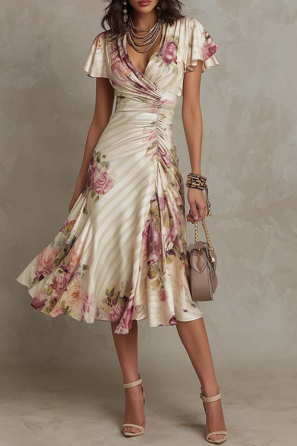 Polyester Midi Dress With Floral Wrap Style - 1