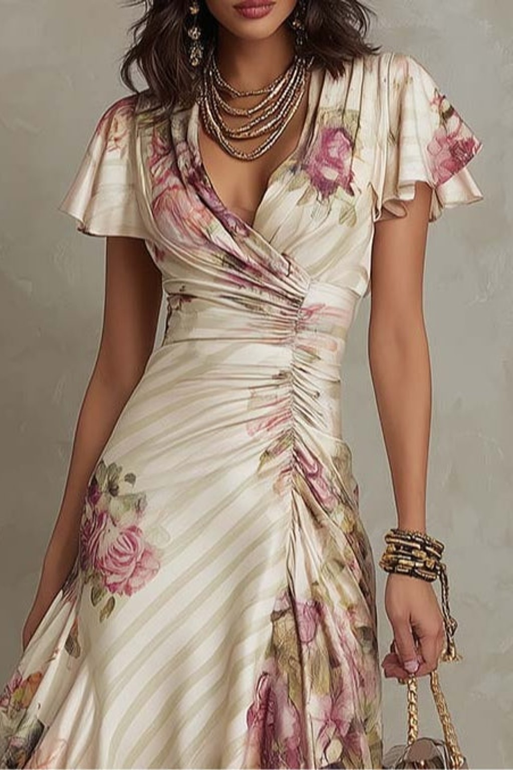 Polyester Midi Dress With Floral Wrap Style - 3