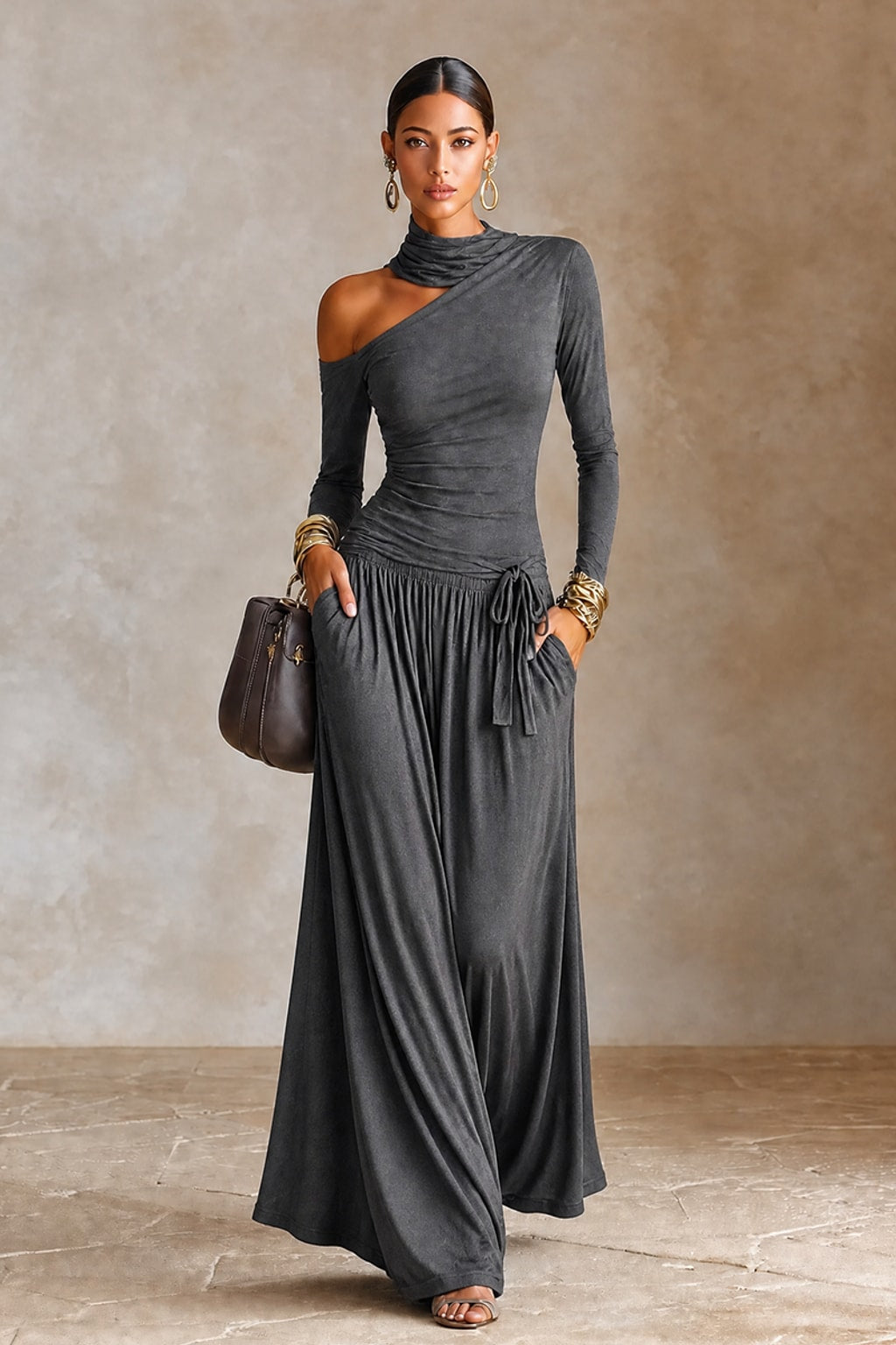 Polyester Blend Maxi Dress With Asymmetric Neckline - 1