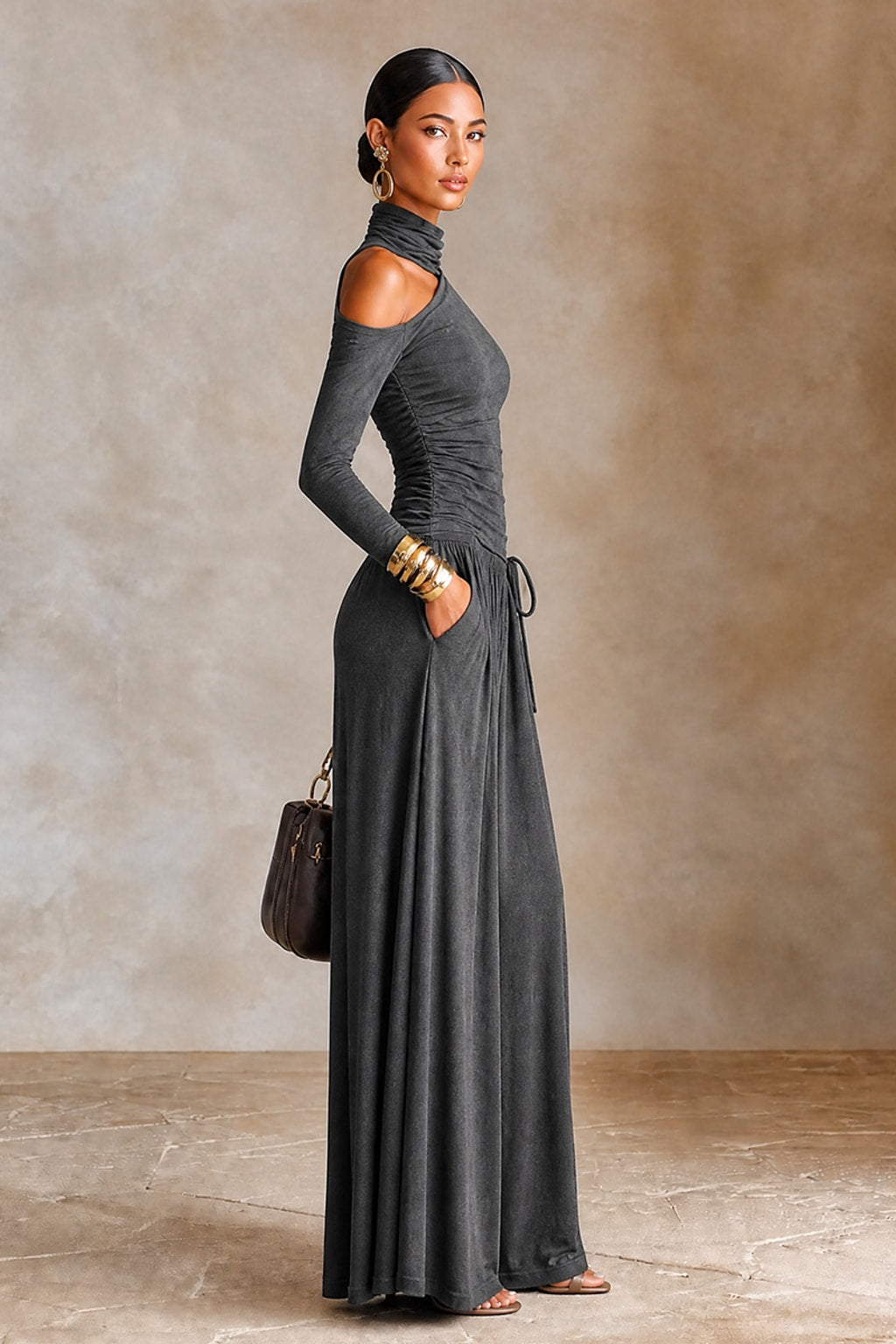 Polyester Blend Maxi Dress With Asymmetric Neckline - 2