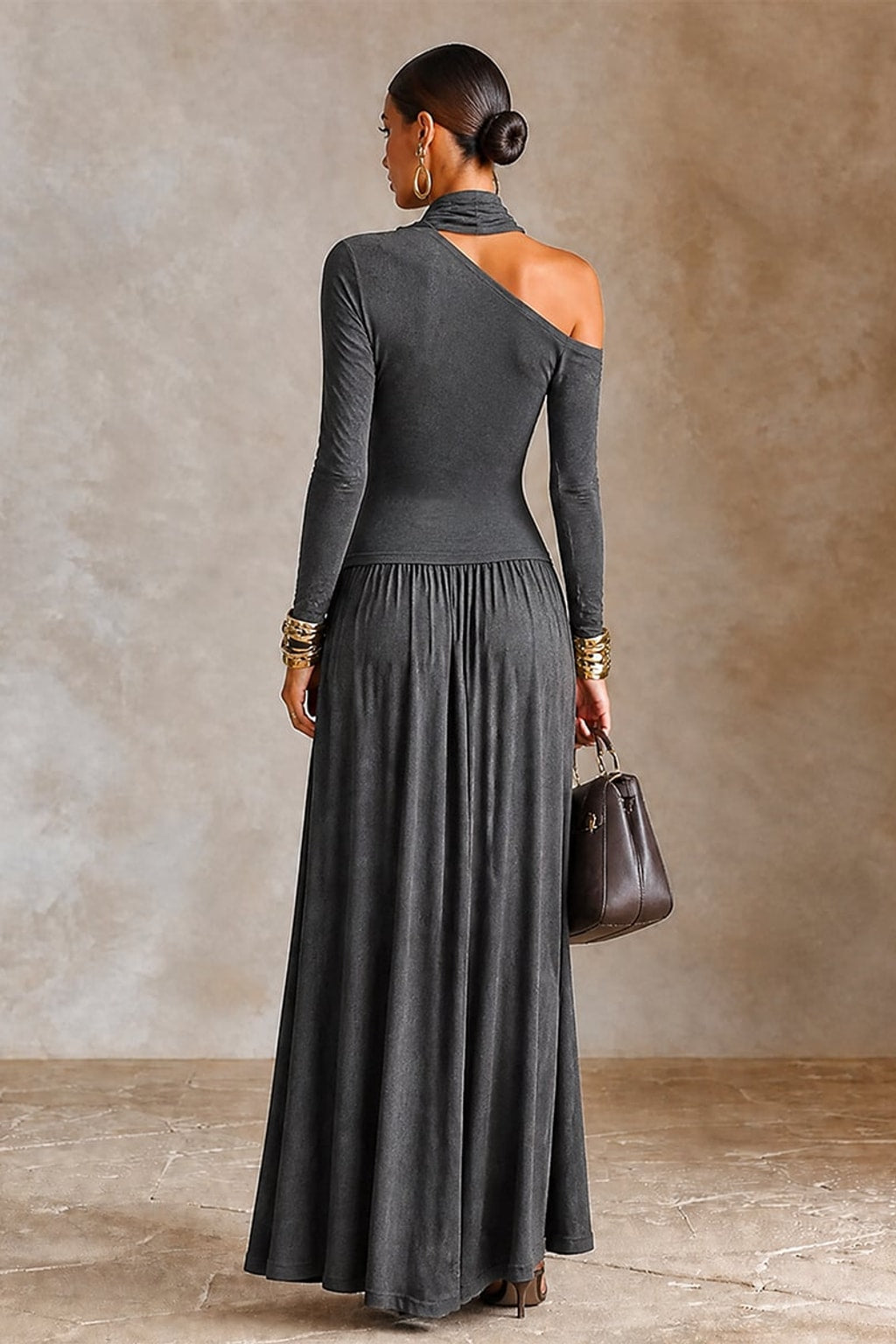 Polyester Blend Maxi Dress With Asymmetric Neckline - 3