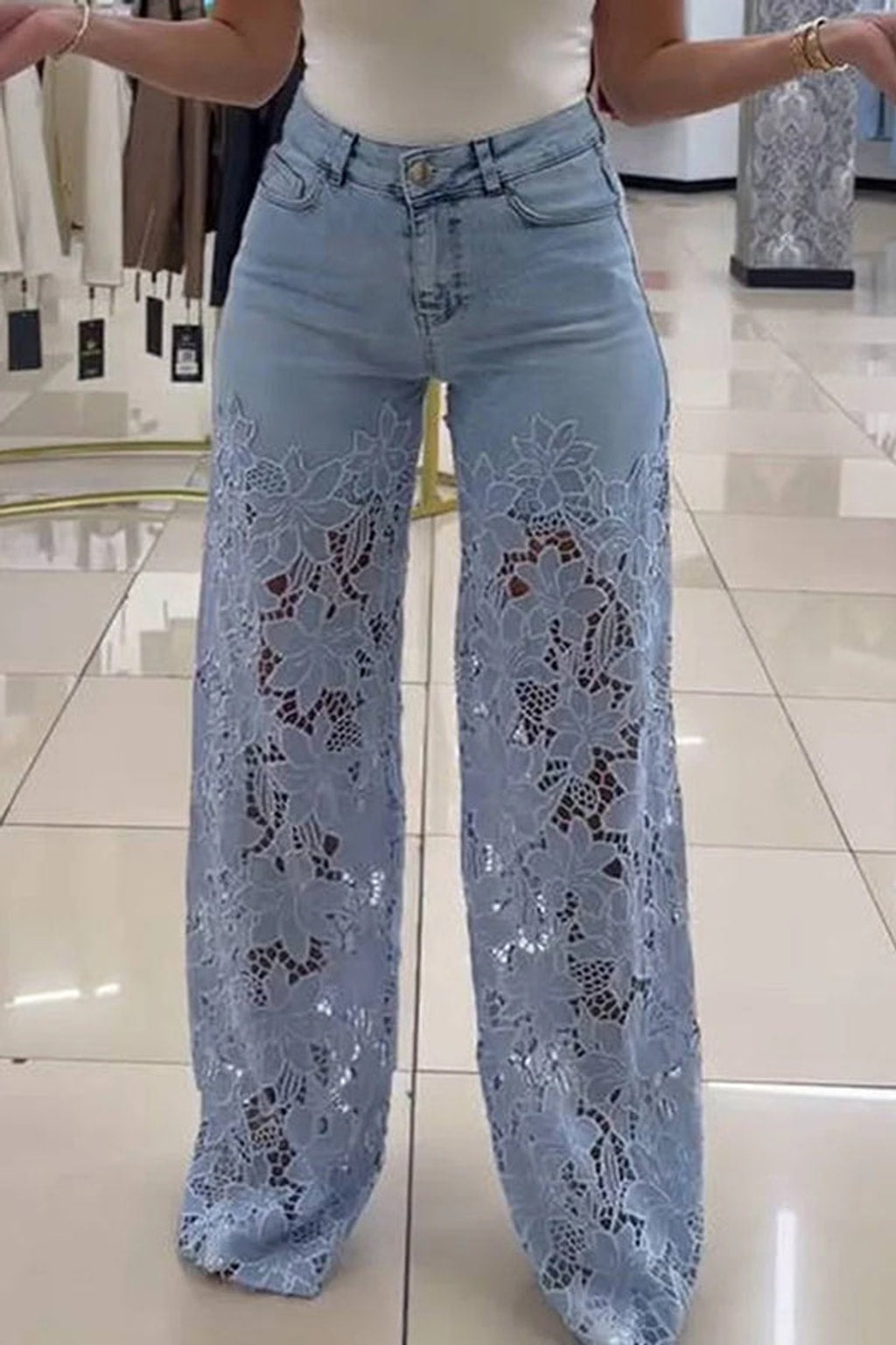 Denim Wide-Leg Pants With Lace Stitching - 2