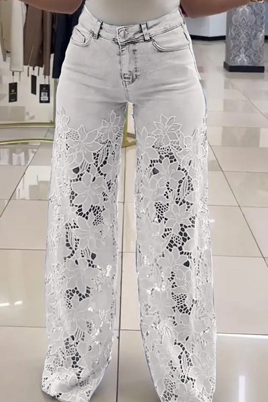 Denim Wide-Leg Pants With Lace Stitching - 5